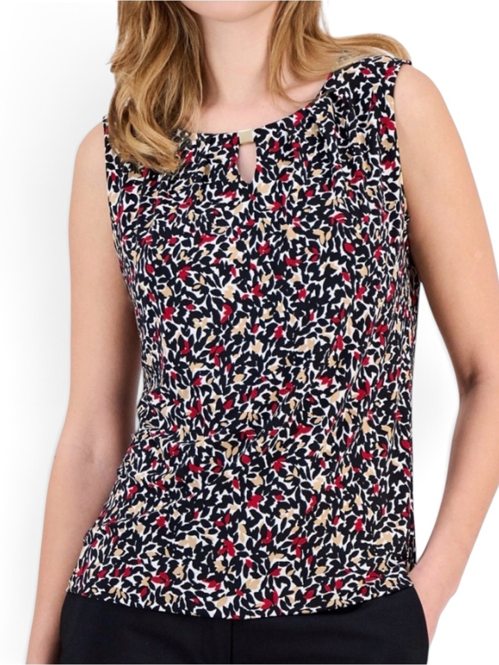 Kasper Plus Size 2X,3X Black Multi Sleeveless Keyhole Blouse w/ Red & Tan Accent